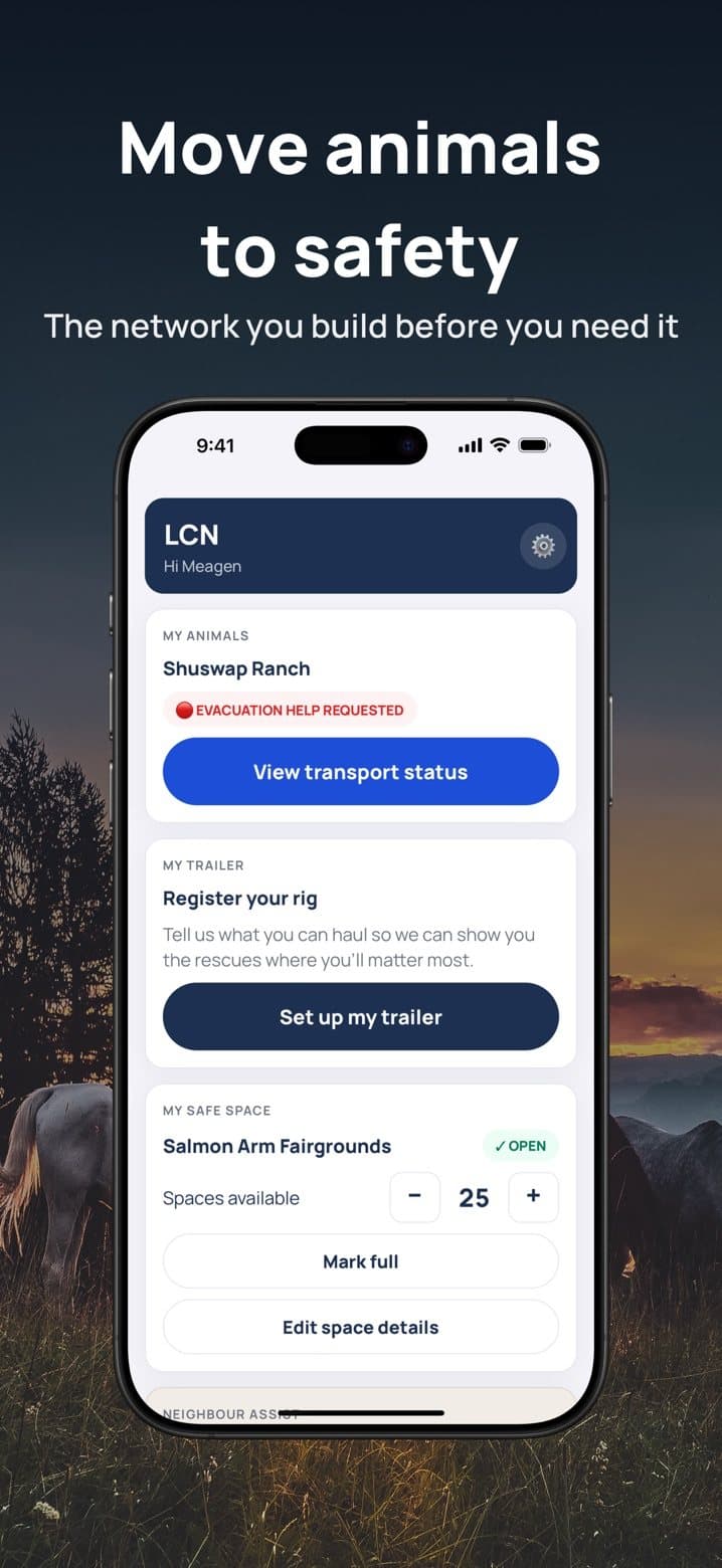 LCN home screen: my animals, trailer, and safe space